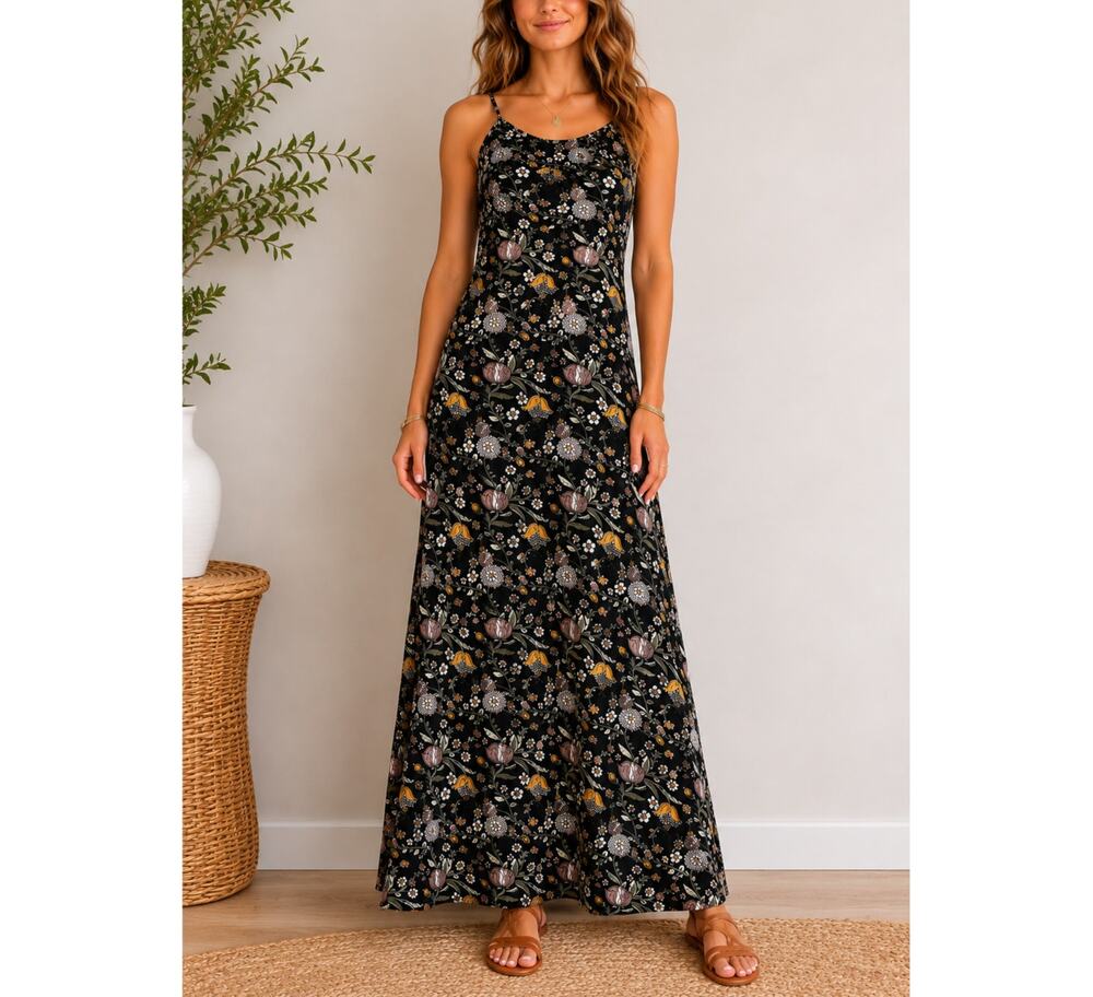 Natural Life Maxi Dress Womens Size Small Black Floral Boho Festival Sleeveless